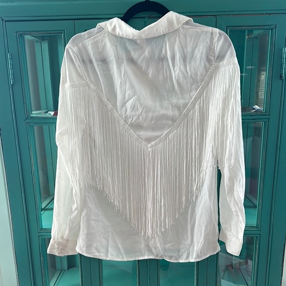 NWT White Fringe Semi-Sheer Button Down Shirt - Picture 5 of 5